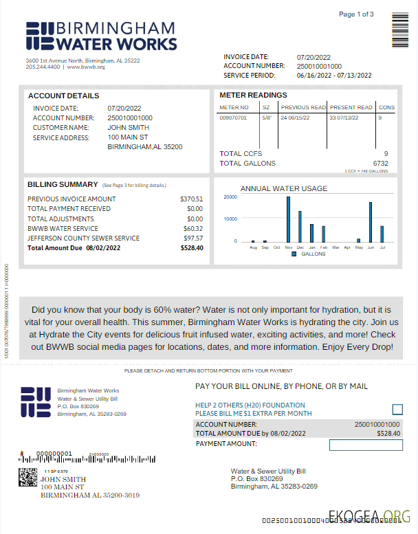 United Kingdom birmingham water utility bill word and pdf template